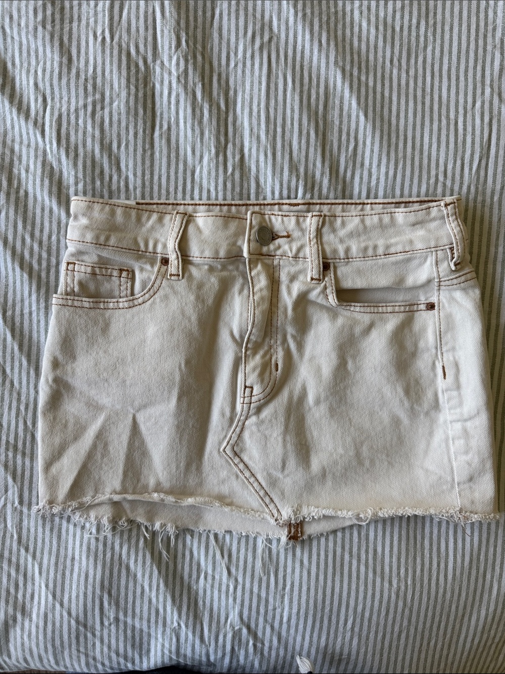 PacSun Cream Denim Mini with Brown Stitching Detail